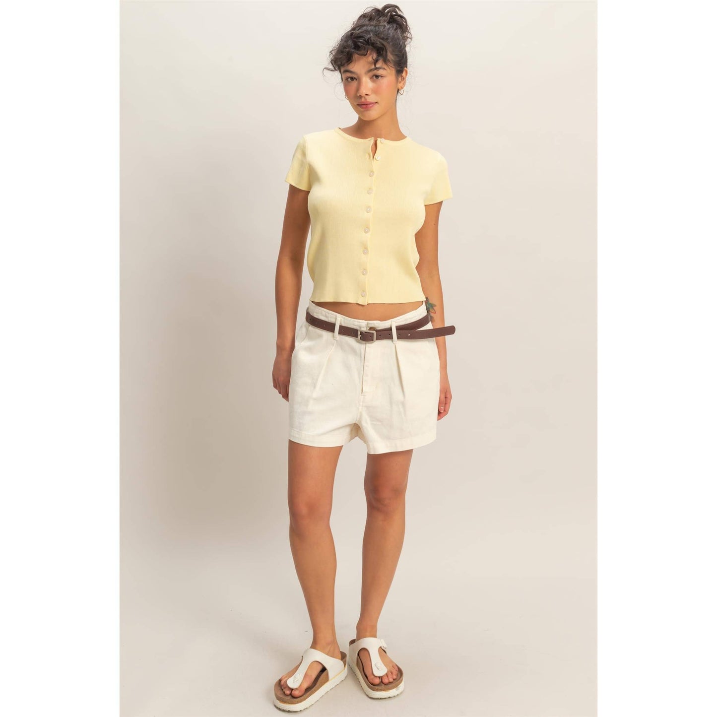 Button Front Short Sleeve Knit Top