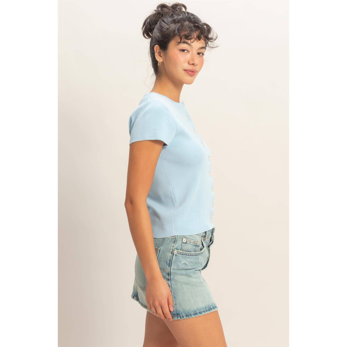Button Front Short Sleeve Knit Top