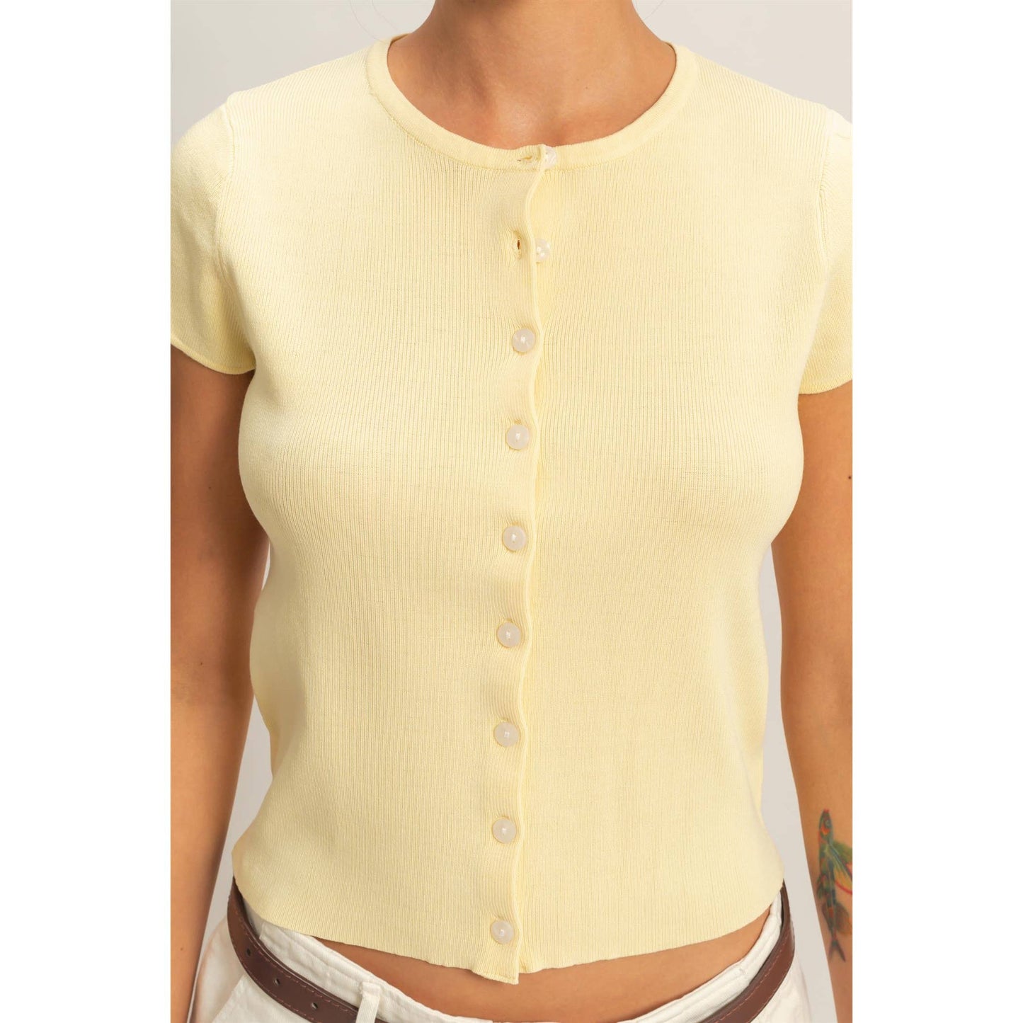 Button Front Short Sleeve Knit Top