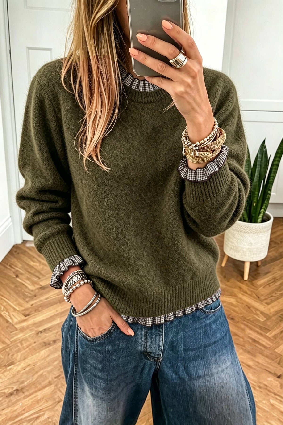 Contrast Plaid Ruffle Trim Sweater