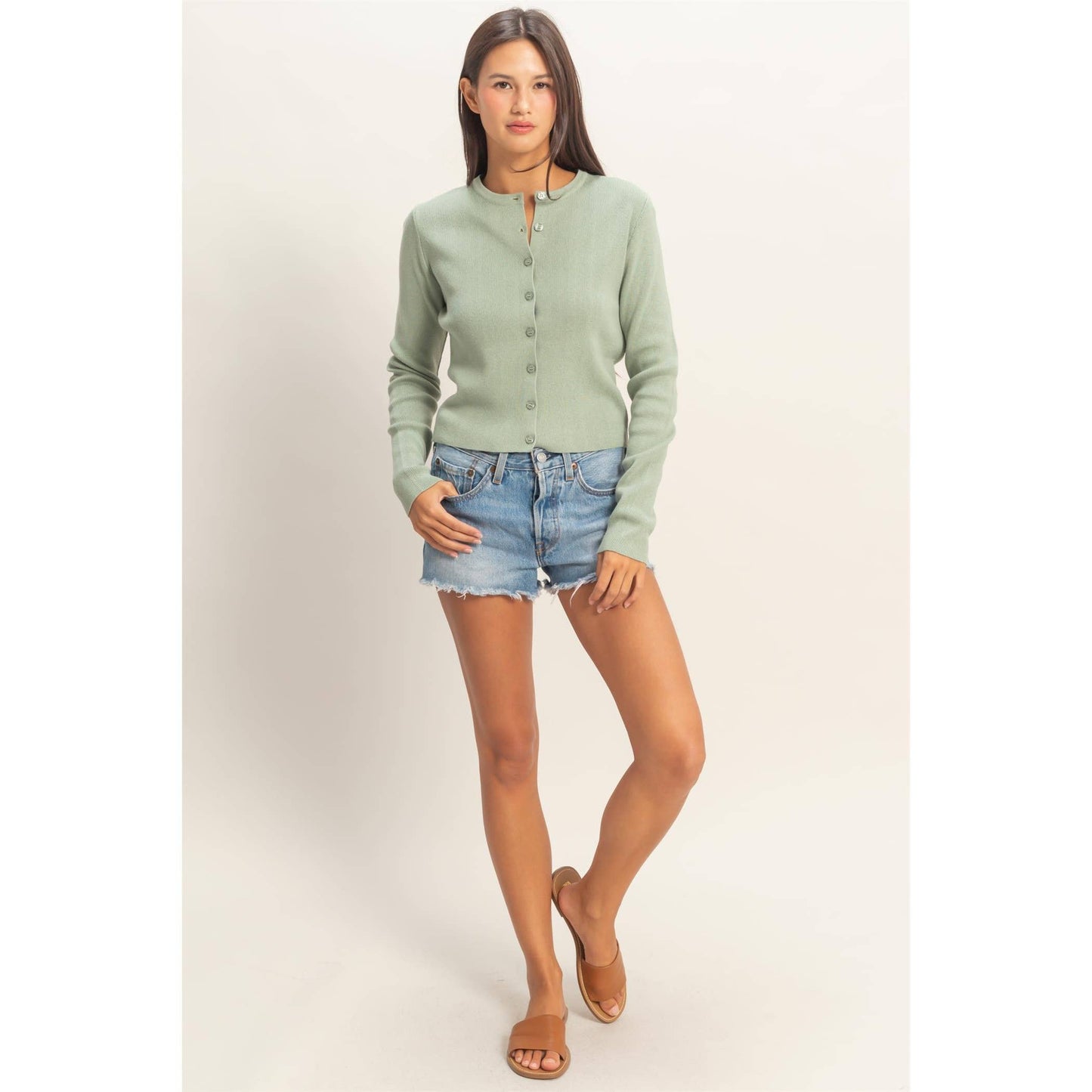 Cardigan, Ribbed Button-Up