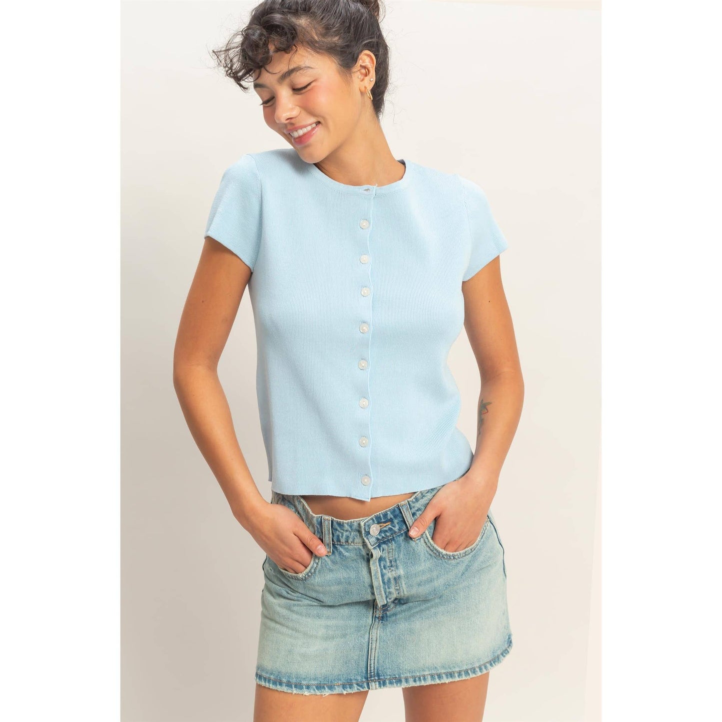 Button Front Short Sleeve Knit Top