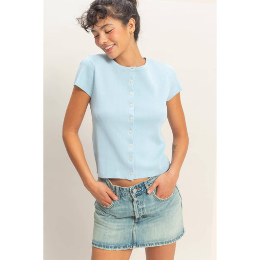 Button Front Short Sleeve Knit Top