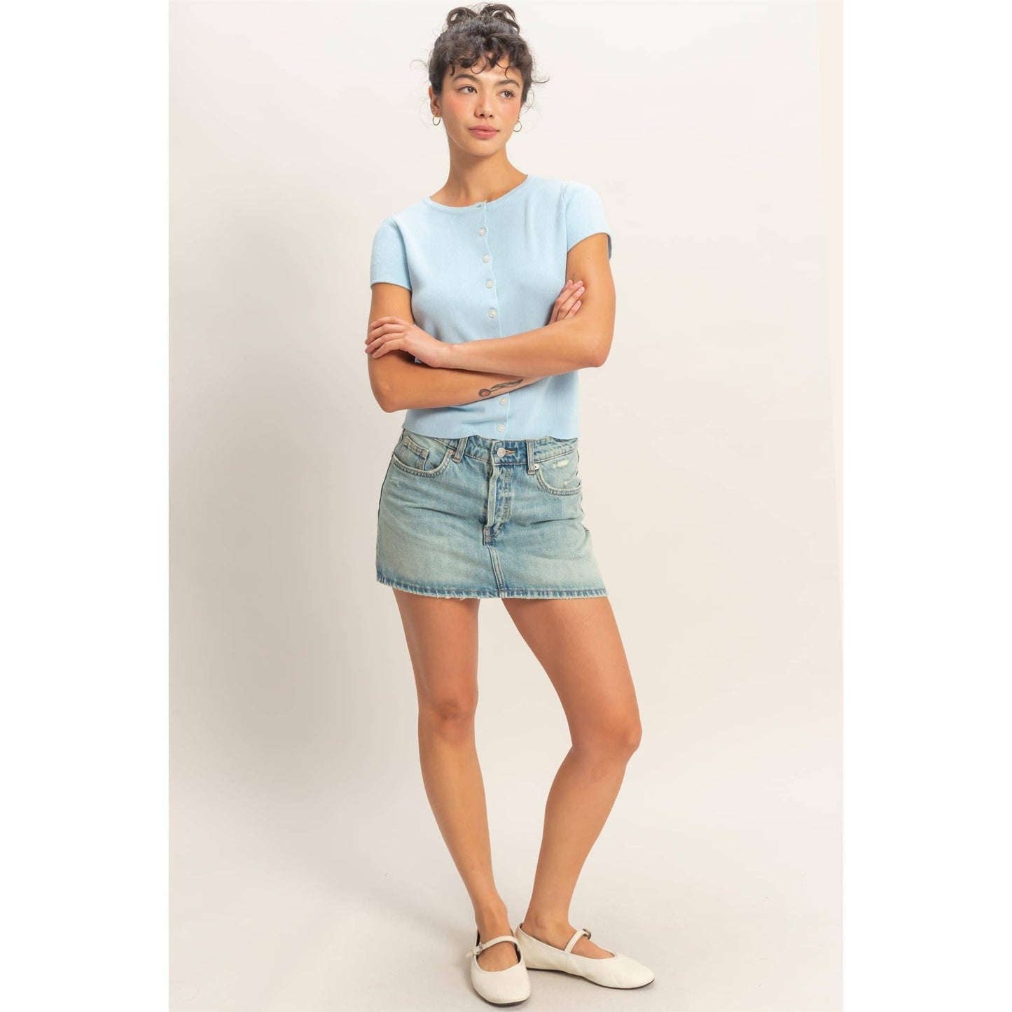 Button Front Short Sleeve Knit Top