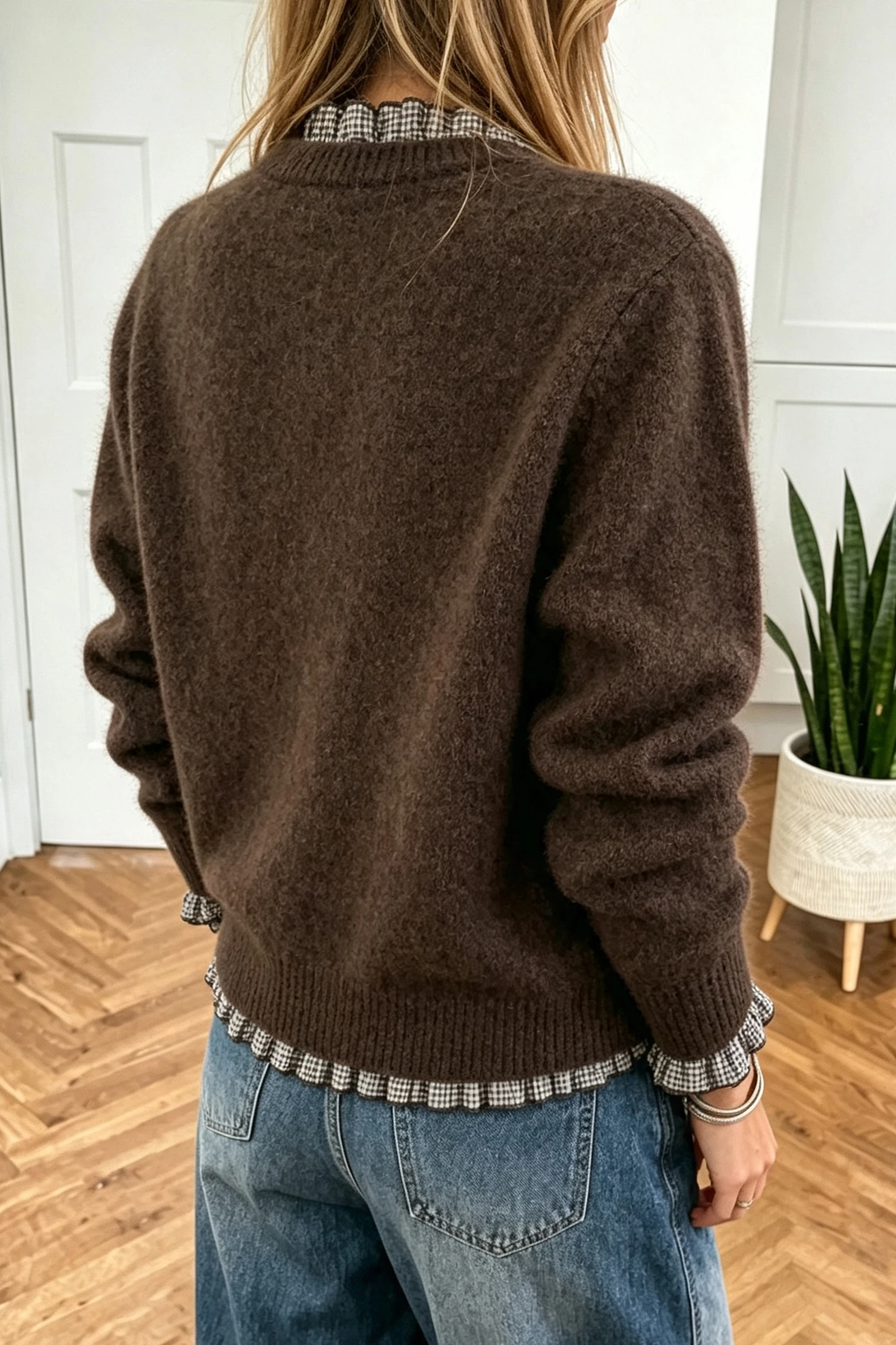 Contrast Plaid Ruffle Trim Sweater