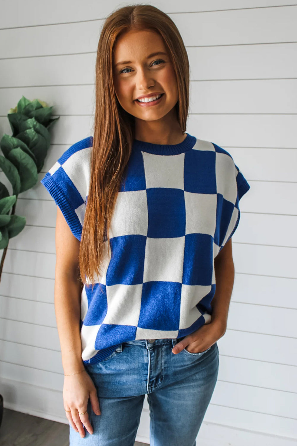 Blue Checkered Knit Top