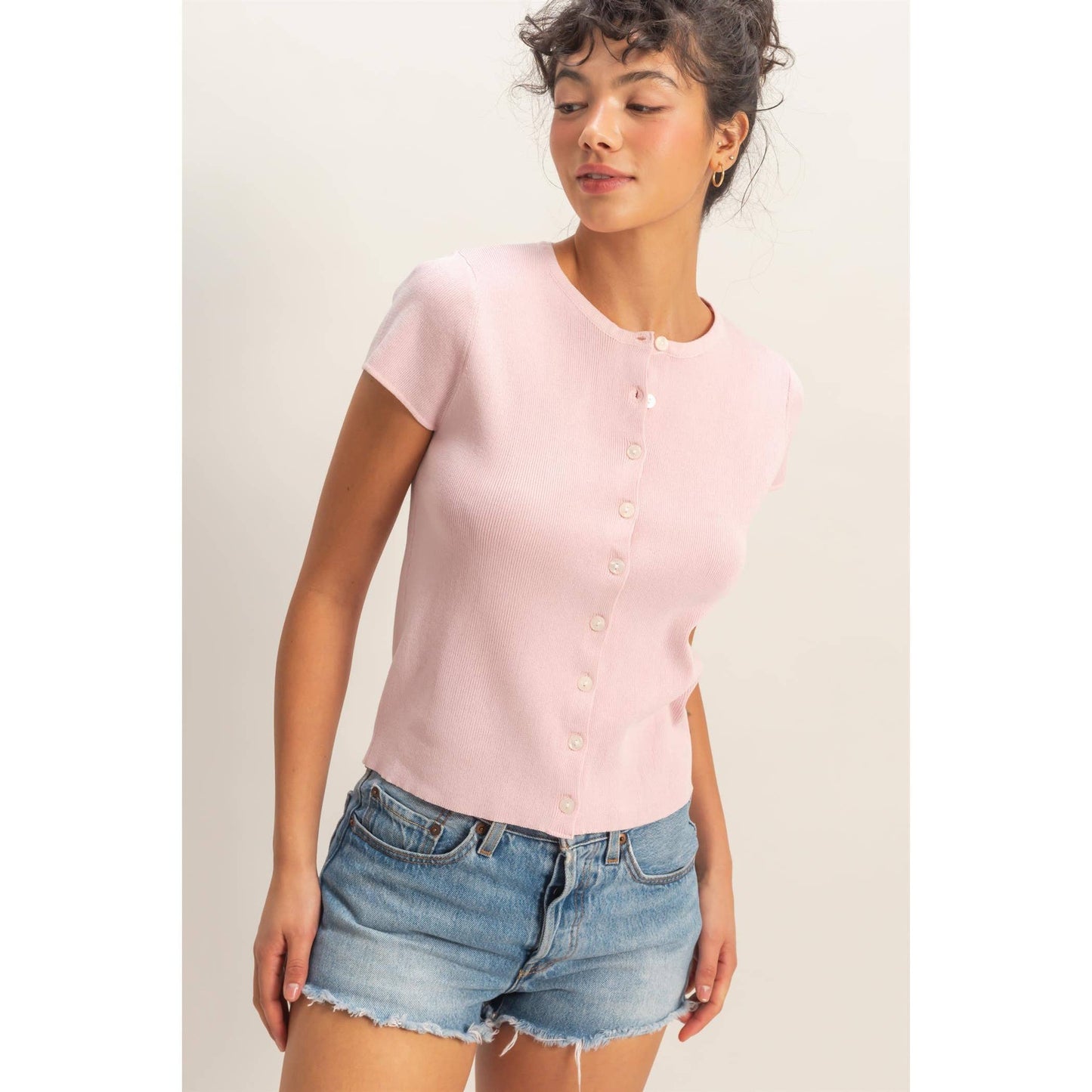 Button Front Short Sleeve Knit Top