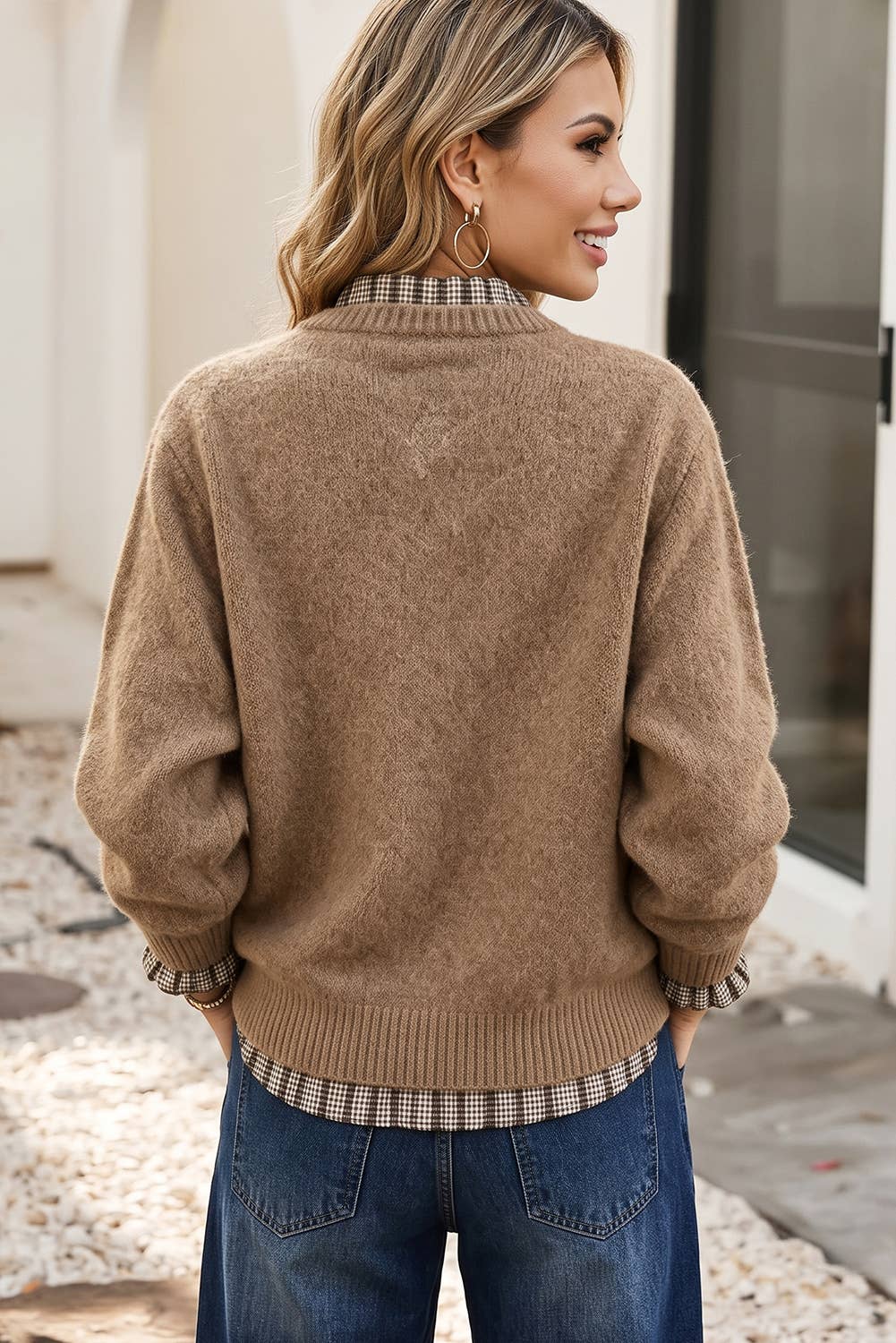 Contrast Plaid Ruffle Trim Sweater