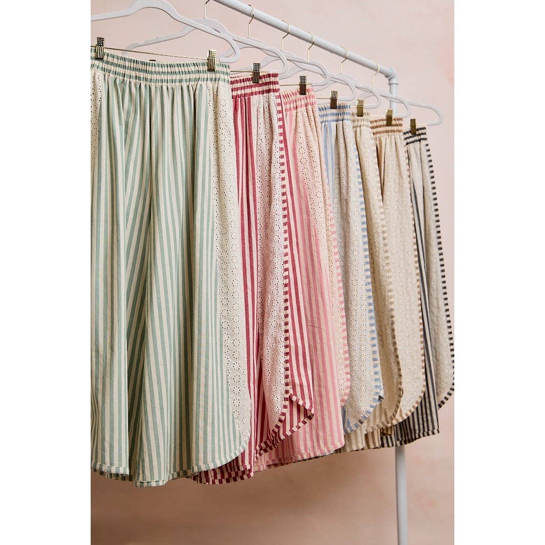 FLORAL EYELET SIDE STRIPED WIDE LEG PANT