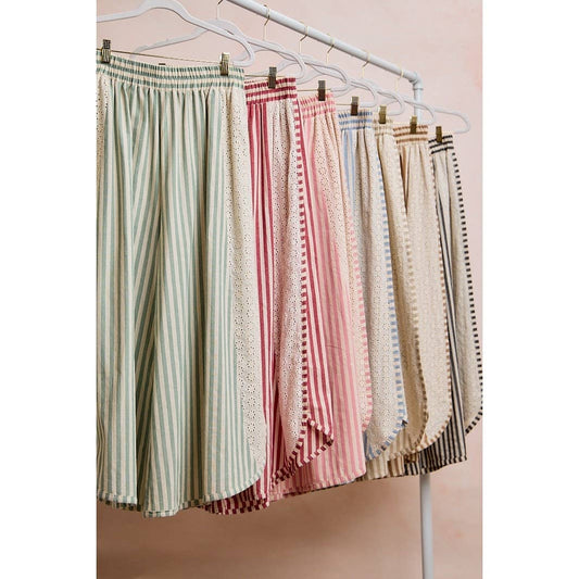 FLORAL EYELET SIDE STRIPED WIDE LEG PANT