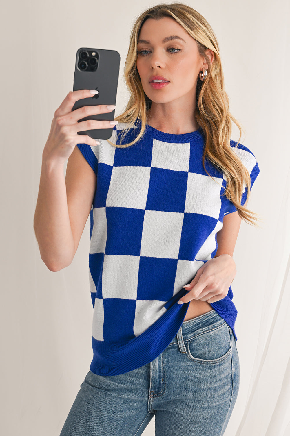Blue Checkered Knit Top